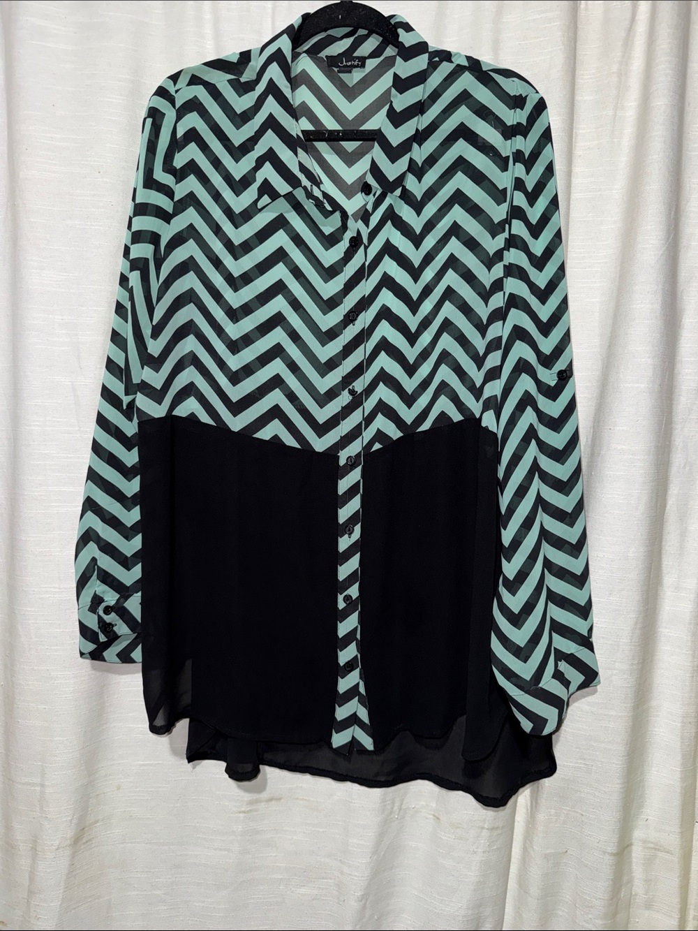 Justify Black and Mint Chevron Button-Front Blouse